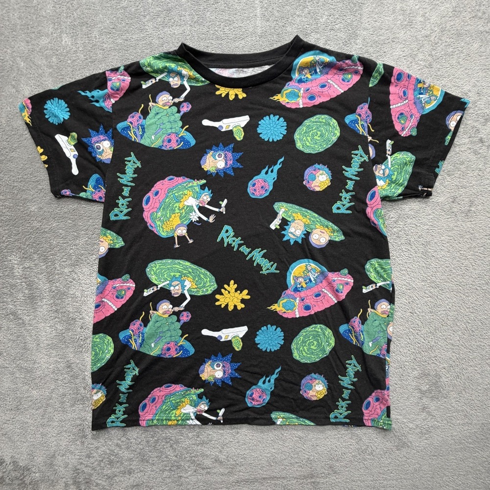 Rick And Morty Shirt Mens XL Black Allover Portal Spaceship Graphic Cartoon‎ Tee
